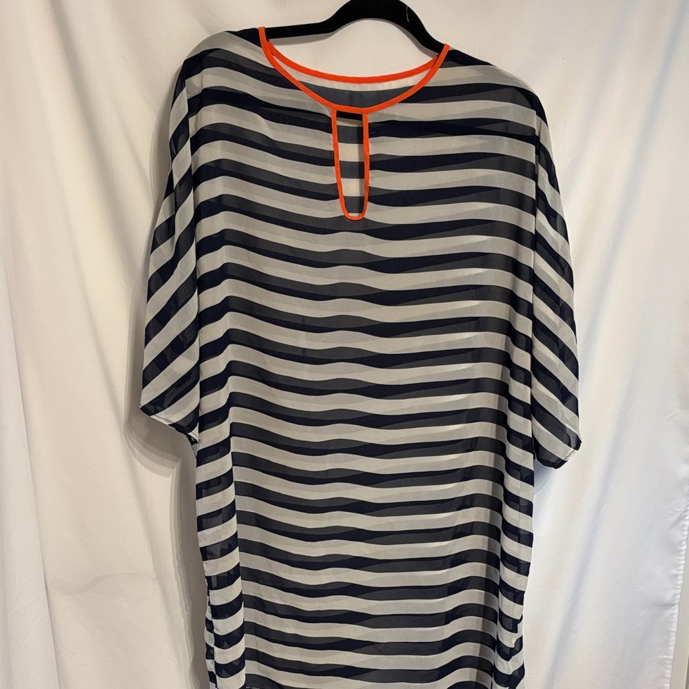 Navy and White Nautical Striped Women's Swim Coverup OS.